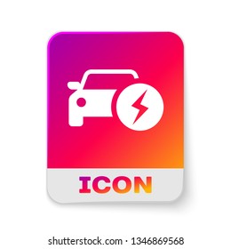 White Electric car and electrical cable plug charging icon isolated on white background. Renewable eco technologies. Rectangle color button. Vector Illustration