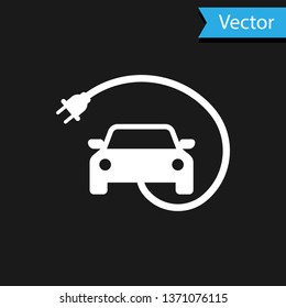 White Electric car and electrical cable plug charging icon isolated on black background. Renewable eco technologies. Vector Illustration
