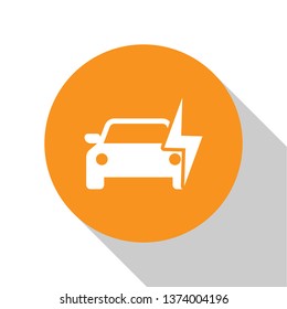 White Electric car and electrical cable plug charging icon isolated on white background. Renewable eco technologies. Orange circle button. Flat design. Vector Illustration