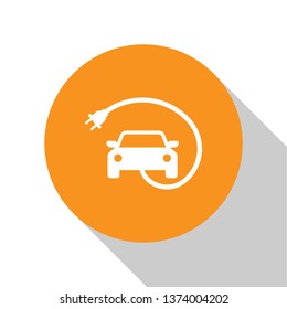 White Electric car and electrical cable plug charging icon isolated on white background. Renewable eco technologies. Orange circle button. Flat design. Vector Illustration