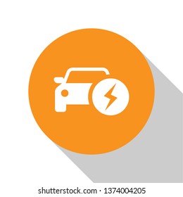 White Electric car and electrical cable plug charging icon isolated on white background. Renewable eco technologies. Orange circle button. Flat design. Vector Illustration