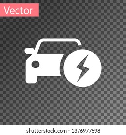 White Electric car and electrical cable plug charging icon isolated on transparent background. Renewable eco technologies. Vector Illustration