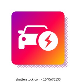 White Electric car and electrical cable plug charging icon isolated on white background. Renewable eco technologies. Square color button. Vector Illustration