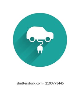 White Electric car and electrical cable plug charging icon isolated with long shadow background. Renewable eco technologies. Green circle button. Vector