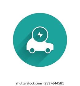 White Electric car and electrical cable plug charging icon isolated with long shadow background. Renewable eco technologies. Green circle button. Vector