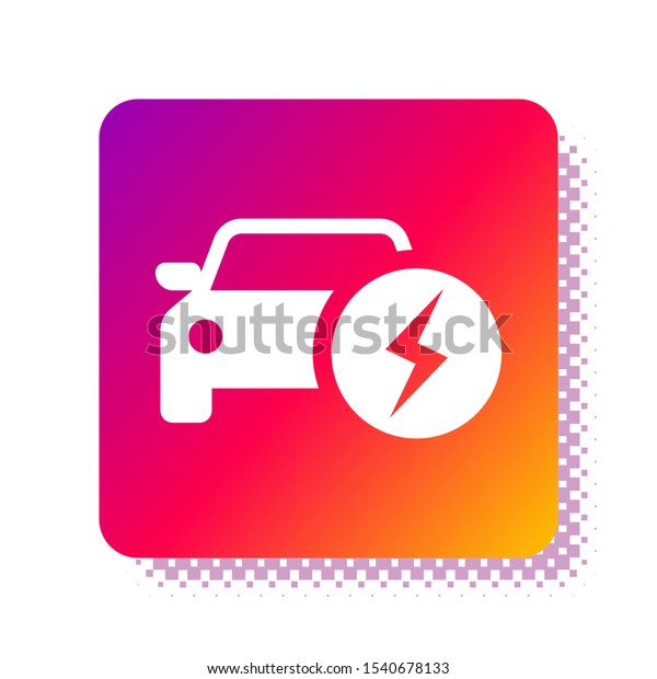 White Electric car and electrical\
cable plug charging icon isolated on white background. Renewable\
eco technologies. Square color button. Vector\
Illustration