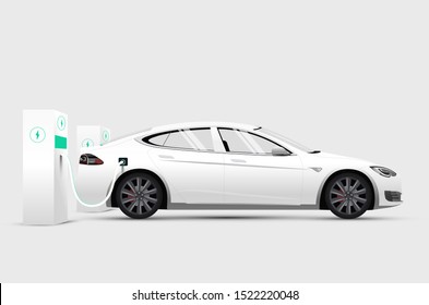 White electric car at stand charging station battery. Isolated side view white electric car. Vector illustration