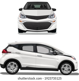 white electric car, in two angles, view from the front and from the side