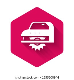 White Electric circular saw with steel toothed disc icon isolated with long shadow. Electric hand tool for cutting wood or metal. Pink hexagon button. Vector Illustration