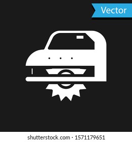 White Electric circular saw with steel toothed disc icon isolated on black background. Electric hand tool for cutting wood or metal.  Vector Illustration