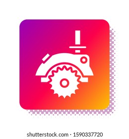 White Electric circular saw with steel toothed disc icon isolated on white background. Electric hand tool for cutting wood or metal. Square color button. Vector Illustration