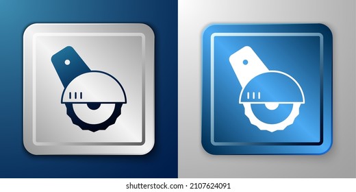White Electric circular saw with steel toothed disc icon isolated on blue and grey background. Electric hand tool for cutting wood or metal. Silver and blue square button. Vector