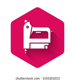 White Electric construction stapler icon isolated with long shadow. Working tool. Pink hexagon button. Vector Illustration