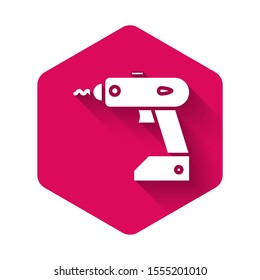White Electric cordless screwdriver icon isolated with long shadow. Electric drill machine. Repair tool. Pink hexagon button. Vector Illustration
