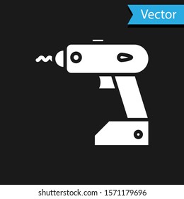 White Electric cordless screwdriver icon isolated on black background. Electric drill machine. Repair tool.  Vector Illustration