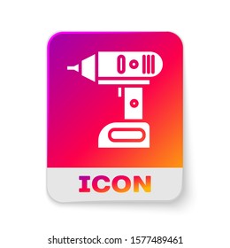 White Electric cordless screwdriver icon isolated on white background. Electric drill machine. Repair tool. Rectangle color button. Vector Illustration