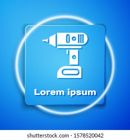 White Electric cordless screwdriver icon isolated on blue background. Electric drill machine. Repair tool. Blue square button. Vector Illustration