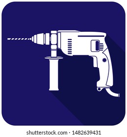 White electric drill icon on a blue background. Vector illustration