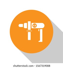 White Electric drill machine icon isolated on white background. Repair tool. Orange circle button. Vector Illustration