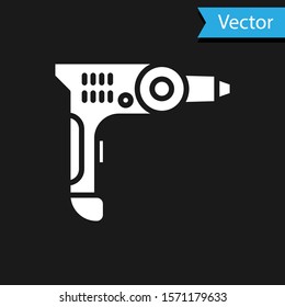 White Electric drill machine icon isolated on black background. Repair tool.  Vector Illustration
