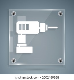 White Electric Drill Machine Icon Isolated On Grey Background. Repair Tool. Square Glass Panels. Vector Illustration