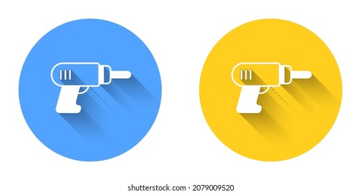 White Electric drill machine icon isolated with long shadow background. Repair tool. Circle button. Vector