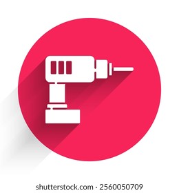 White Electric drill machine icon isolated with long shadow. Repair tool. Red circle button. Vector Illustration