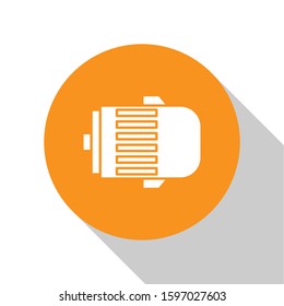 White Electric engine icon isolated on white background. Car alternator. Orange circle button. Vector Illustration