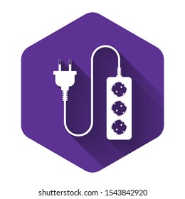 White Electric extension cord icon isolated with long shadow. Power plug socket. Purple hexagon button. Vector Illustration