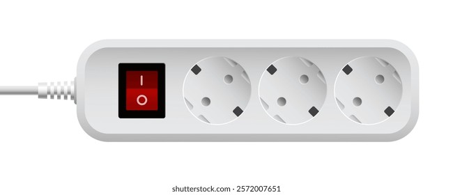 White electric extension cord on white background. Surge protector with 3 sockets 