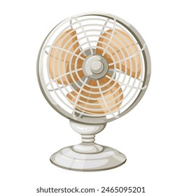 White electric fan on stand, cartoon ventilation equipment. Small cartoon home and office desk fan with beige plastic blades and protective grid, indoor air circulation mascot vector illustration