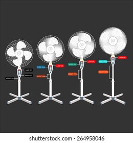 White electric fan set for infographics and design. Different speed rotation and height of the fan. Isolation. Vector illustration