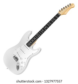 White electric guitar, classic. Realistic 3D image. Vector detailed illustration isolated on a white background.