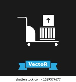 White Electric hand truck and boxes icon isolated on black background. Dolly symbol.  Vector Illustration