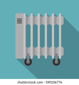 White electric heater on wheels icon. Flat illustration of white electric heater on wheels vector icon for web isolated on baby blue background