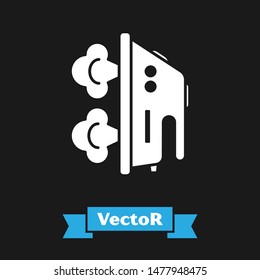 White Electric iron icon isolated on black background. Steam iron.  Vector Illustration