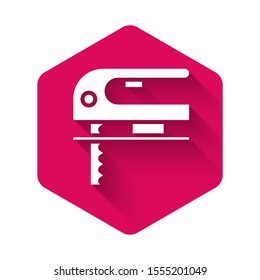 White Electric jigsaw with steel sharp blade icon isolated with long shadow. Power tool for woodwork. Pink hexagon button. Vector Illustration