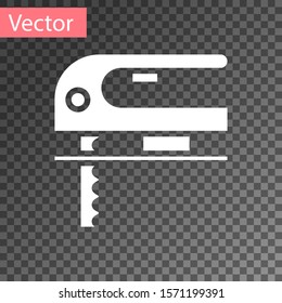 White Electric jigsaw with steel sharp blade icon isolated on transparent background. Power tool for woodwork.  Vector Illustration