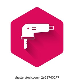 White Electric jigsaw with steel sharp blade icon isolated with long shadow background. Power tool for woodwork. Pink hexagon button. Vector