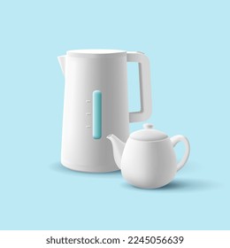 White electric kettle and a kettle for brewing tea 3d. For advertising your product, on a turquoise background.