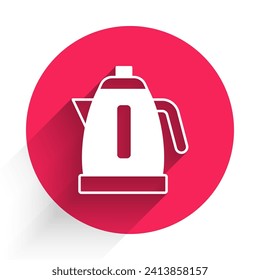 White Electric kettle icon isolated with long shadow. Teapot icon. Red circle button. Vector