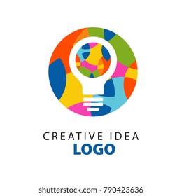 White electric light bulb sign on geometric patterned circle illustration for creative idea logo template. Minimalistic label design. Flat vector isolated on white