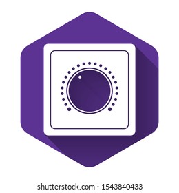 White Electric light switch icon isolated with long shadow. On and Off icon. Dimmer light switch sign. Concept of energy saving. Purple hexagon button. Vector Illustration