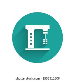 White Electric mixer icon isolated with long shadow. Kitchen blender. Green circle button. Vector Illustration