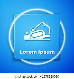 White Electric planer tool icon isolated on blue background. Blue square button. Vector Illustration