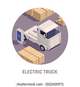 White Electric Platform Truck Using Modern Charging Station For Big Cargo Vehicles Circular Isometric Composition Vector Illustration