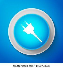 White Electric plug icon isolated on blue background. Concept of connection and disconnection of the electricity. Circle blue button with white line. Vector Illustration