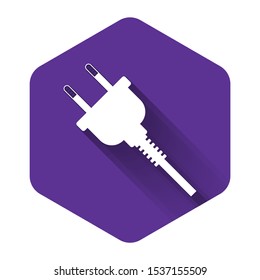 White Electric plug icon isolated with long shadow. Concept of connection and disconnection of the electricity. Purple hexagon button. Vector Illustration