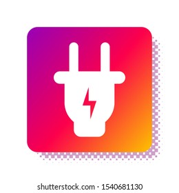 White Electric plug icon isolated on white background. Concept of connection and disconnection of the electricity. Square color button. Vector Illustration