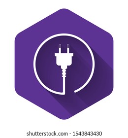 White Electric plug icon isolated with long shadow. Concept of connection and disconnection of the electricity. Purple hexagon button. Vector Illustration